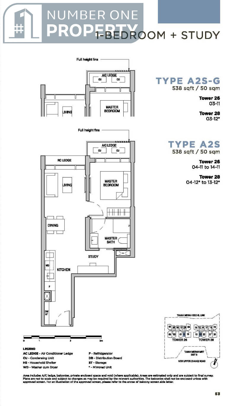 Sceneca Residence Floor Plan 1 Bedroom Study Type A2S 538sf