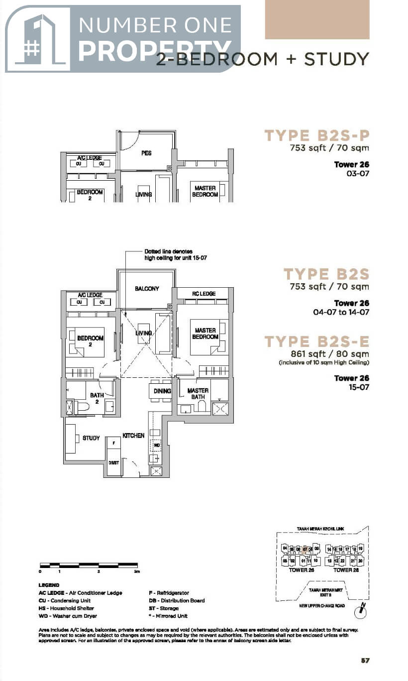 Sceneca Residence Floor Plan 2 Bedroom Study Type B2S 753sf