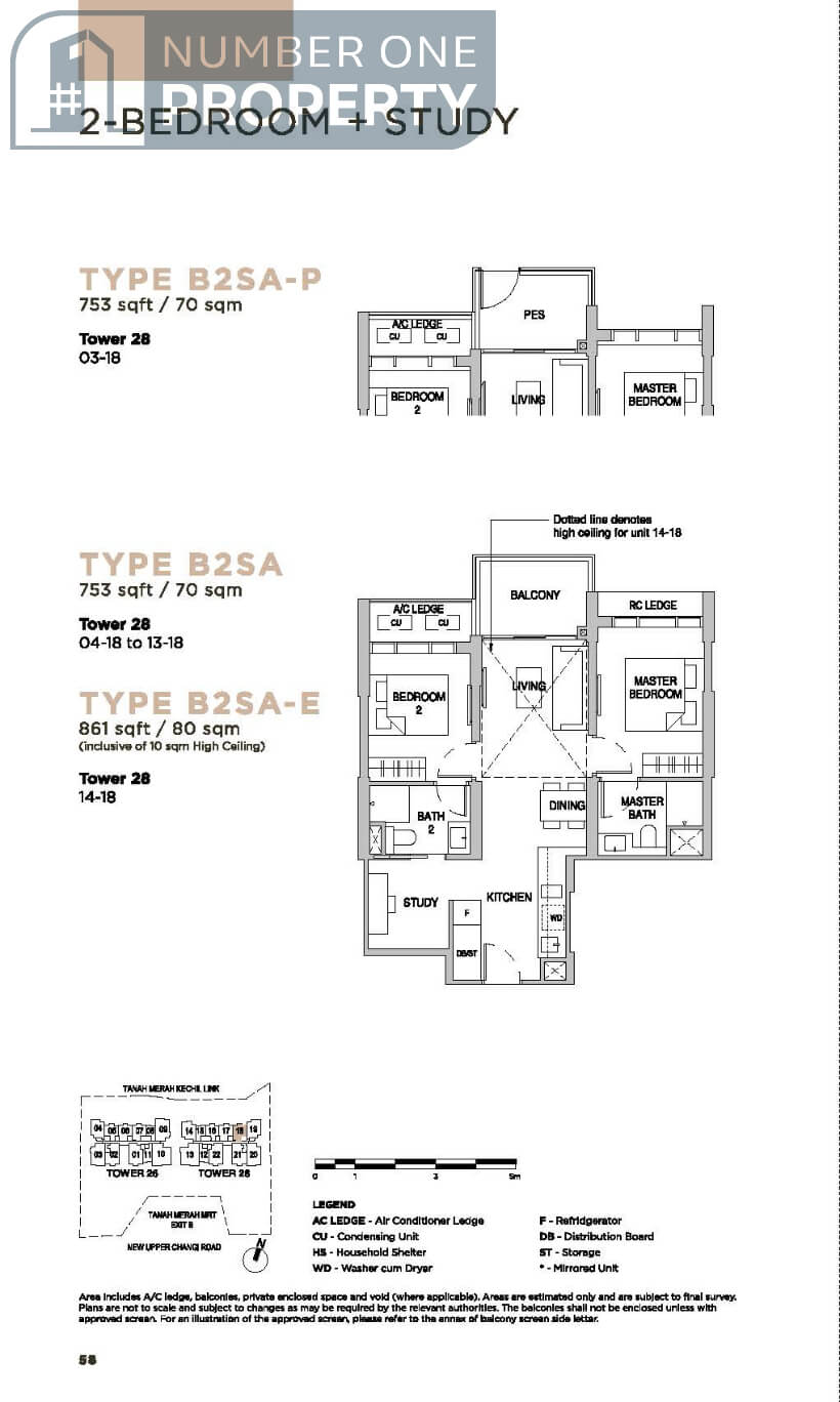 Sceneca Residence Floor Plan 2 Bedroom Study Type B2SA 753sf