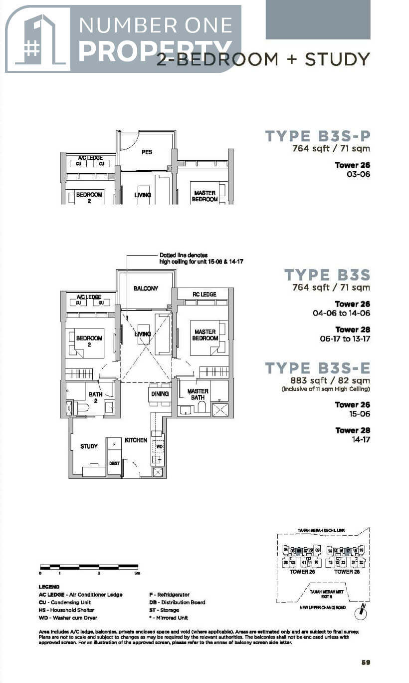 Sceneca Residence Floor Plan 2 Bedroom Study Type B3S 764sf