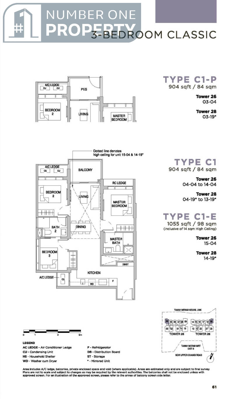 Sceneca Residence Floor Plan 3 Bedroom Classic Type C1 904sf