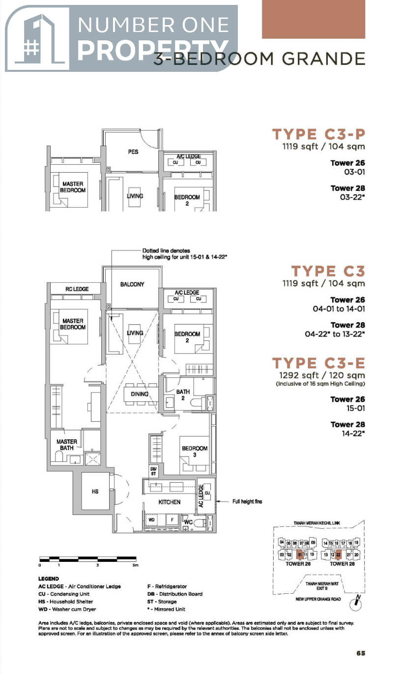 Sceneca Residence Floor Plan 3 Bedroom Grande Type C3 1119sf