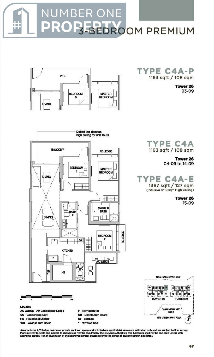 Sceneca Residence Floor Plan 3 Bedroom Premium Type C4A 1163sf